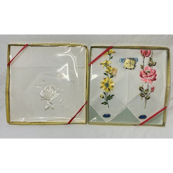 Vintage Handkerchief Lot Four Floral Pink Yellow White Cotton Ladies Switzerland - Picture 7 of 7